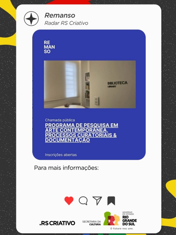 A imagem apresenta sobreposi&ccedil;&atilde;o de fundos, acima de um elemento gr&aacute;fico azul em forma quadrada, esta uma foto da biblioteca Remanso, e abaixo, "Chamada p&uacute;blica, Programa de pesquisa em Arte Contempor&acirc;nea processos curatoriais e documenta&ccedil;&atilde;o"