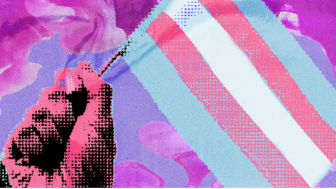 Ilustra&ccedil;&atilde;o que mostra uma imagem de uma m&atilde;o segurando uma bandeira colorida da luta LGBT
