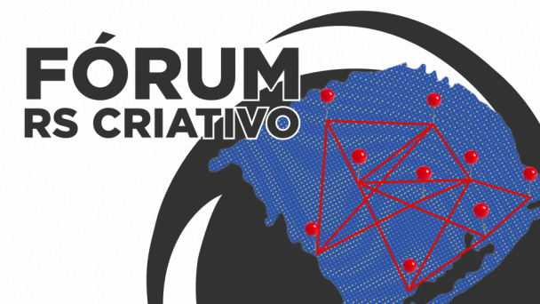 Card com fundo branco. Escrito em preto: F&oacute;rum RS criativo. No canto esquerdo do card, um mapa do rS com nove pontos marcados e onectados por uma linha.