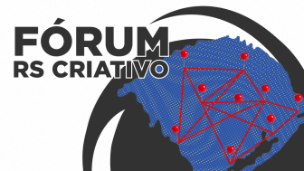 Card com fundo branco. Escrito em preto: F&oacute;rum RS criativo. No canto esquerdo do card, um mapa do rS com nove pontos marcados e onectados por uma linha.